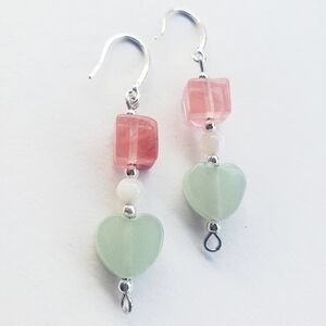 NWT 925 solid sterling silver DANGLE EARRINGS JADE Rose Quartz GIFT FOR HER 1"